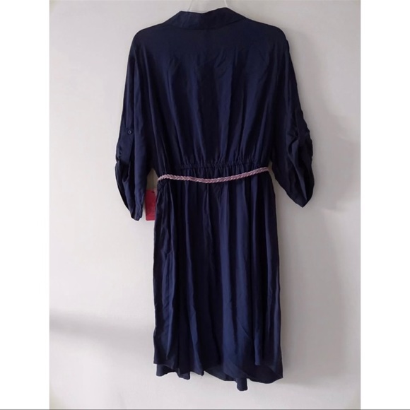 Navy Blue Belted Button-front V-neck Collared Midi Dress Size L - Picture 2 of 2
